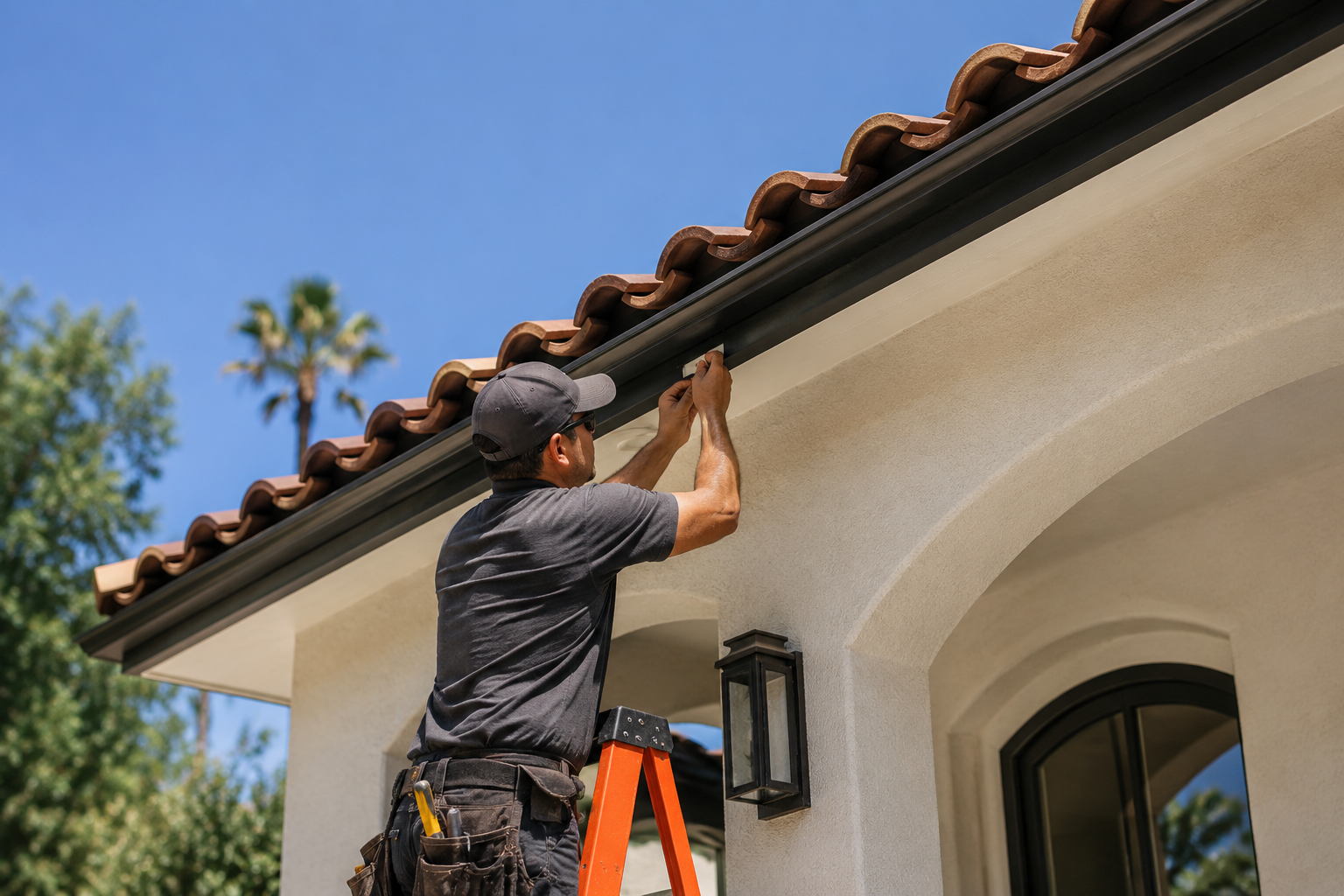 Professional installer fitting permanent lighting cleanly beneath a Los Angeles roofline