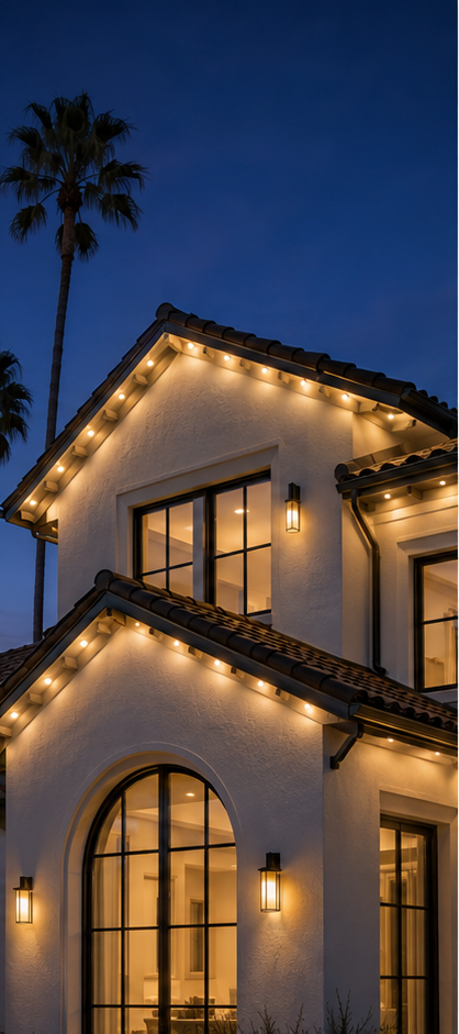 Upscale Los Angeles home with warm white permanent roofline lighting